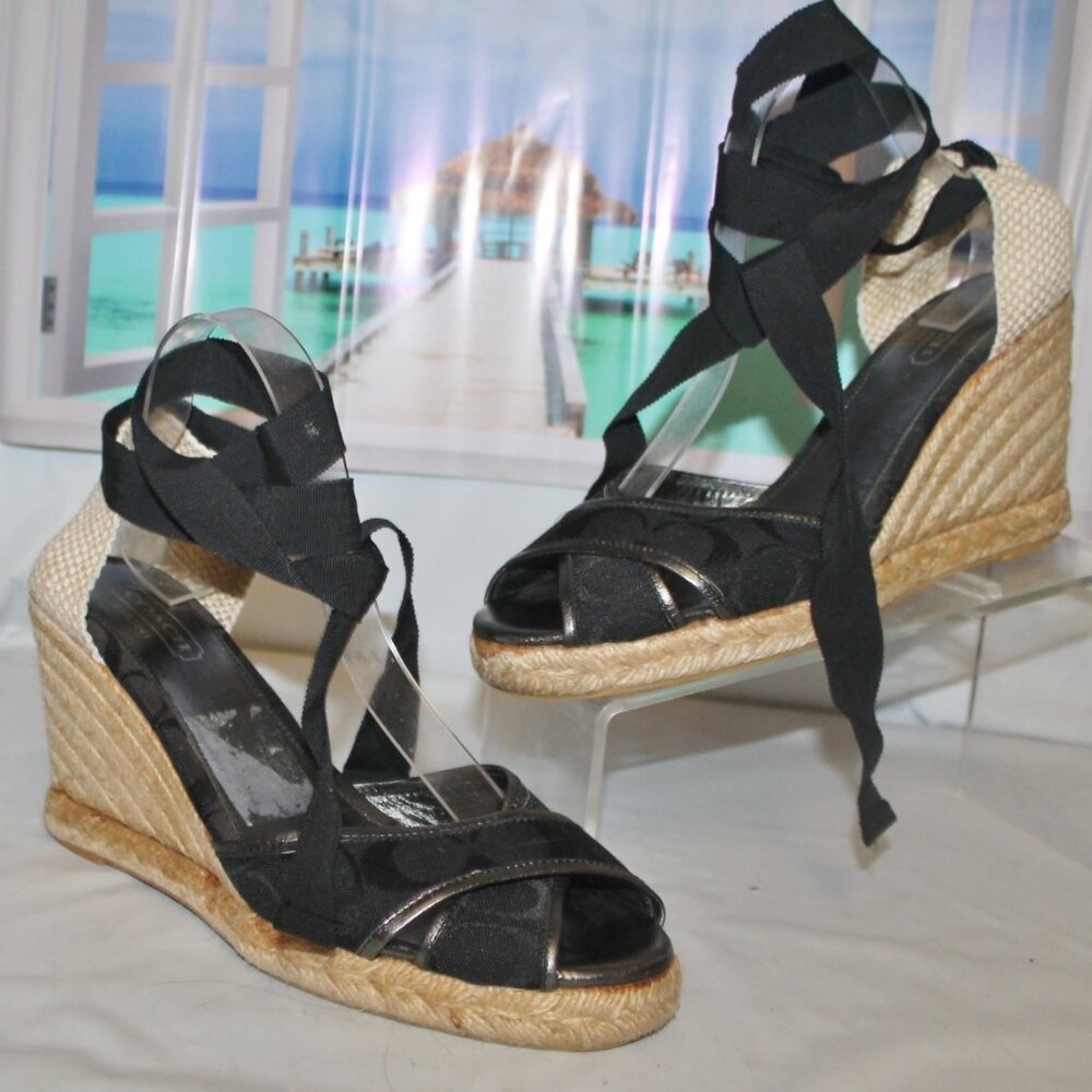 $185 Coach Black Mila Espadrilles Wedge Heel Signature Tie Up Sandal Shoe